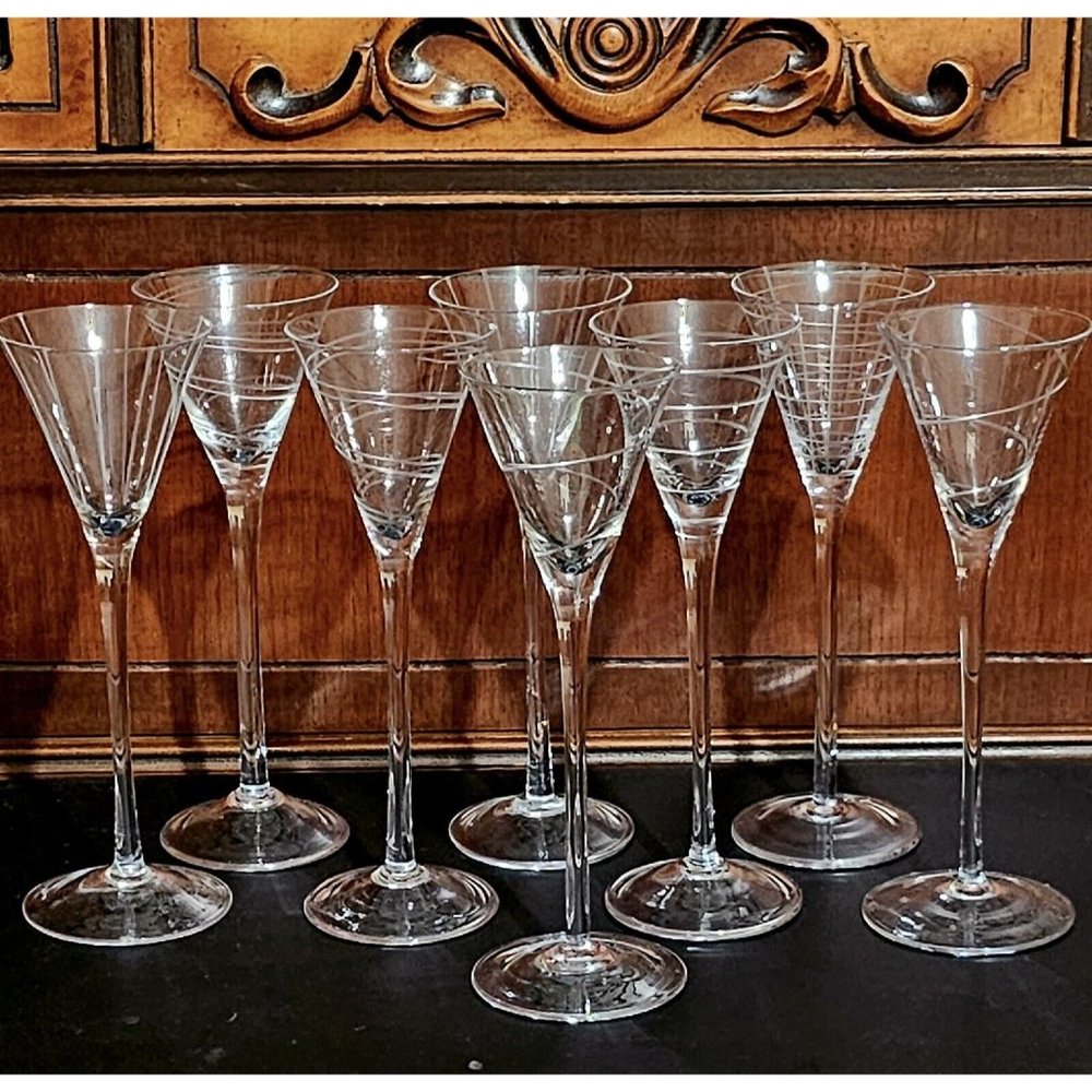 8 Roscher Mixed Cut Motif Sherry Liqueur Cocktail Glasses 8" long stem etched